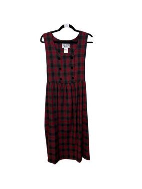 VTG Plaza South Petite Plaid Midi Dress Women’s Size 10 Red Gray Sleeveless Y2K